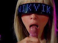 Sexy blonde in cyberpunk outfit carefully sucks penis till receiving all cum on her tongue 11