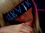 Sexy blonde in cyberpunk outfit carefully sucks penis till receiving all cum on her tongue 8