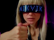 Sexy blonde in cyberpunk outfit carefully sucks penis till receiving all cum on her tongue 9
