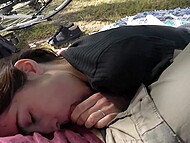 Nerdy Argentinian lassie interrupts bike ride to drink mate and to suck friend's penis in public park 7