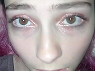 Slender girl with pink hair gently moans during awesome sex with BF in the darkened bedroom 5