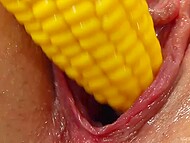 Good-looking slut provocatively penetrates own trimmed pussy with a corn-like dildo 5