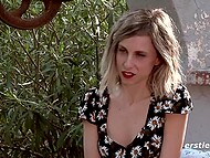 Skinny German blonde finds quiet place in the park and strips naked to rub her sweet pussy 10