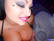 Slutty inked MILF exposes her immense natural hooters and takes the dick between them   10