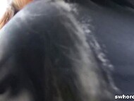 Hungry man captures on the camera outdoor sex with slender hooker right near his car 9