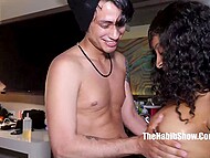 Latin guy before the shoot oils up body of slim Ebony belle and worships her wet pussy 6