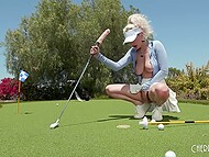 Outdoor golf game makes natural blonde Skye Blue in the mood to play with her unusual club 5