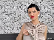 Stunning brunette in sexy pantyhose Kira Queen performs amazing solo show on the bed 5