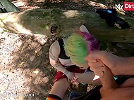 Perverted chick poses for boyfriend's camera when blowing him and fucking in the public park 11