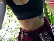 Perverted chick poses for boyfriend's camera when blowing him and fucking in the public park 5