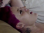 Alt hottie with purple hair and her man are brave enough to make out and have oral sex in front of the cam 9