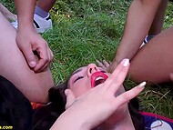 Two slutty German brunettes gangbanged in the forest and covered with hot sperm 9