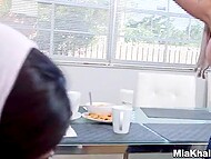 Nerdy Arab teen teams up with busty stepmom while sucking BF's bulge after the dinner 5