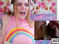 Girl puts hand in panties to masturbate to porn of man bonking babe and cumming in the mouth 4