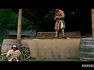 Muscular warrior captures busty brunette Kira Queen and properly fucks her bald pussy 4