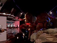 Dude with a mask lets two lustful whores use his impressive dick to the fullest in the limo