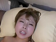 Three horny men stick their short erect dicks into mouth and pussy of the pretty Asian lassie  11