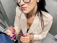 Slim brunette with glasses doesn't mind having sex with horny boss right in the office toilet 4