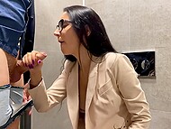 Slim brunette with glasses doesn't mind having sex with horny boss right in the office toilet 5