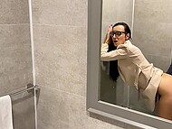 Slim brunette with glasses doesn't mind having sex with horny boss right in the office toilet 8