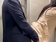 Slim brunette with glasses doesn't mind having sex with horny boss right in the office toilet 9