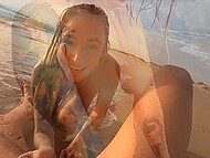 Tattooed Polish chick with natural boobies and her lover have hot oral sex on the beach 4