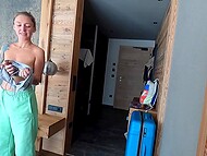 Man fucks Polish slut with natural titties and buttocks in green pants pulled down 11