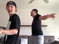 Polish girl dances with man in cap on floor with clothes on and hooks up on sofa in the nude to sound of rock music 11