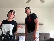 Polish girl dances with man in cap on floor with clothes on and hooks up on sofa in the nude to sound of rock music 6