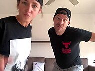 Polish girl dances with man in cap on floor with clothes on and hooks up on sofa in the nude to sound of rock music 8