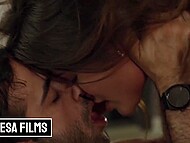 Good-looking sweetheart and her strong paramour make it on the living room leather couch 4