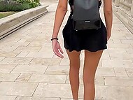 Girl with dark hair spends time with boyfriend in the fresh air and shows what is under the skirt 6