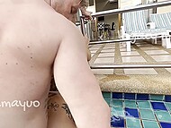 Muscular blond has fun with two skinny Asian ladyboys in the pool and on the bed 6