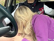 Experienced blonde prostitute gives blowjob in the car with nude breasts for some cash 4