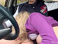 Experienced blonde prostitute gives blowjob in the car with nude breasts for some cash 7