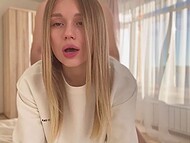 Blonde babe with a gorgeous cute face in blue denim shorts gives a nice blowjob and gets fucked by BF 7