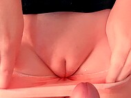 Chick pushes panties down and bares her flawless, juicy and bald pussy to let him cum on it 5