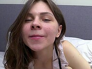 Super-cute teen housekeeper services guy with a gentle blowjob and cum-in-mouth finish 11