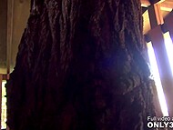 Redhead with perky tits strips naked in the barn before having hot sex with excited man 5