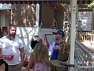 Busty blonde mature tries double penetration during kinky swinger sex in the backyard 4