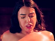 Two gorgeous brunettes enjoy romantic atmosphere and passionately lick each other pussies on the floor 4