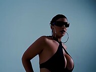 Busty stripper on high heels dances and demonstrates her big tits during amazing masturbation with fingers 10