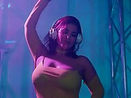 Busty stripper on high heels dances and demonstrates her big tits during amazing masturbation with fingers 9