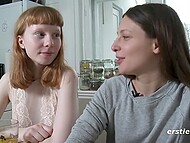 Redhead baby with hairy pussy shows her small tits and gets a gentle cunnilingus from her lesbian friend 6