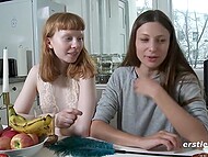 Redhead baby with hairy pussy shows her small tits and gets a gentle cunnilingus from her lesbian friend 9