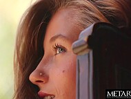 Beautiful model in stockings touches her natural boobs and enjoys outdoor masturbation with gentle fingers 5