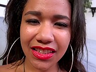 Sultry Latina gal with perky tits gets on the knees to please the man with unforgettable handjob in POV 5