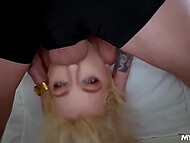 Beautiful blonde MILF with blue eyes gives an amazing blowjob before she gets a sperm on her face 7