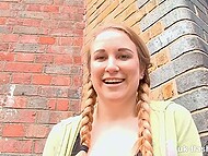 Perverted pig-tailed hottie from UK flashes her nude beauties and even squirts during public masturbation 7