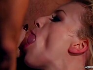 Skinny French whore in blue lingerie gets banged and facialized by a crowd of studs in a group fucking 7